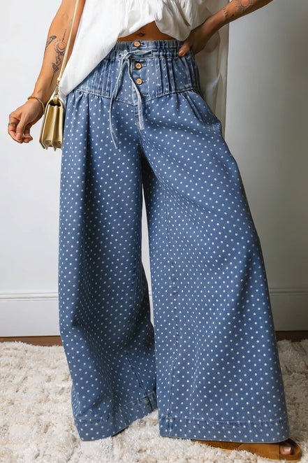 Stripe Button Pleated Drawstring Waist Wide Leg Jeans 4-4X