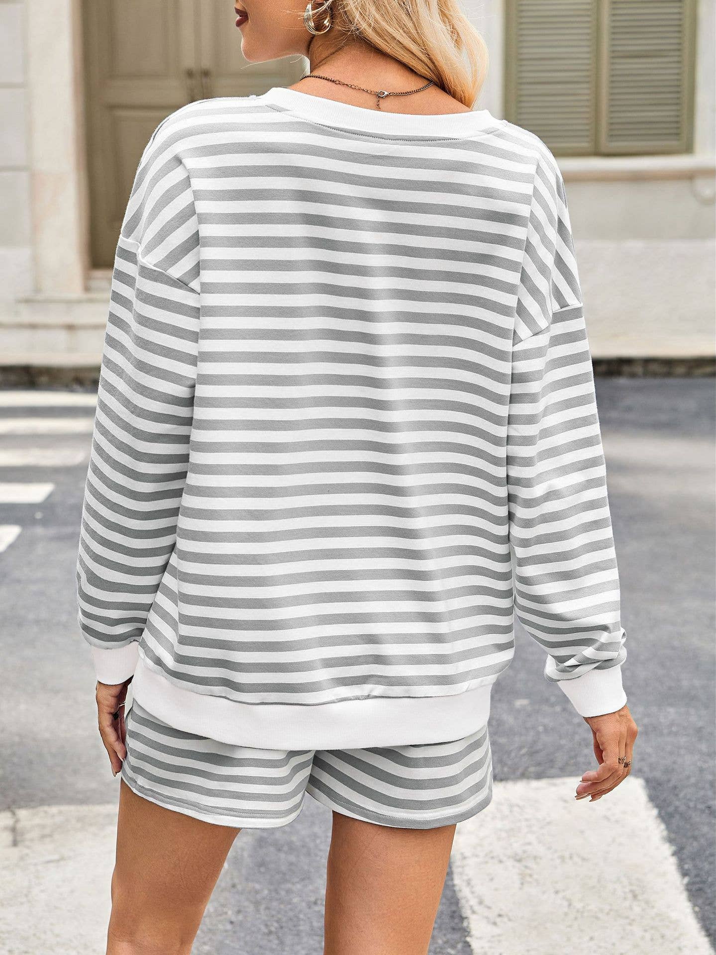 Women Striped  Long Sleeve Top and Shorts 2-Piece Lounge Set