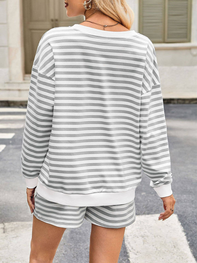 Women Striped  Long Sleeve Top and Shorts 2-Piece Lounge Set