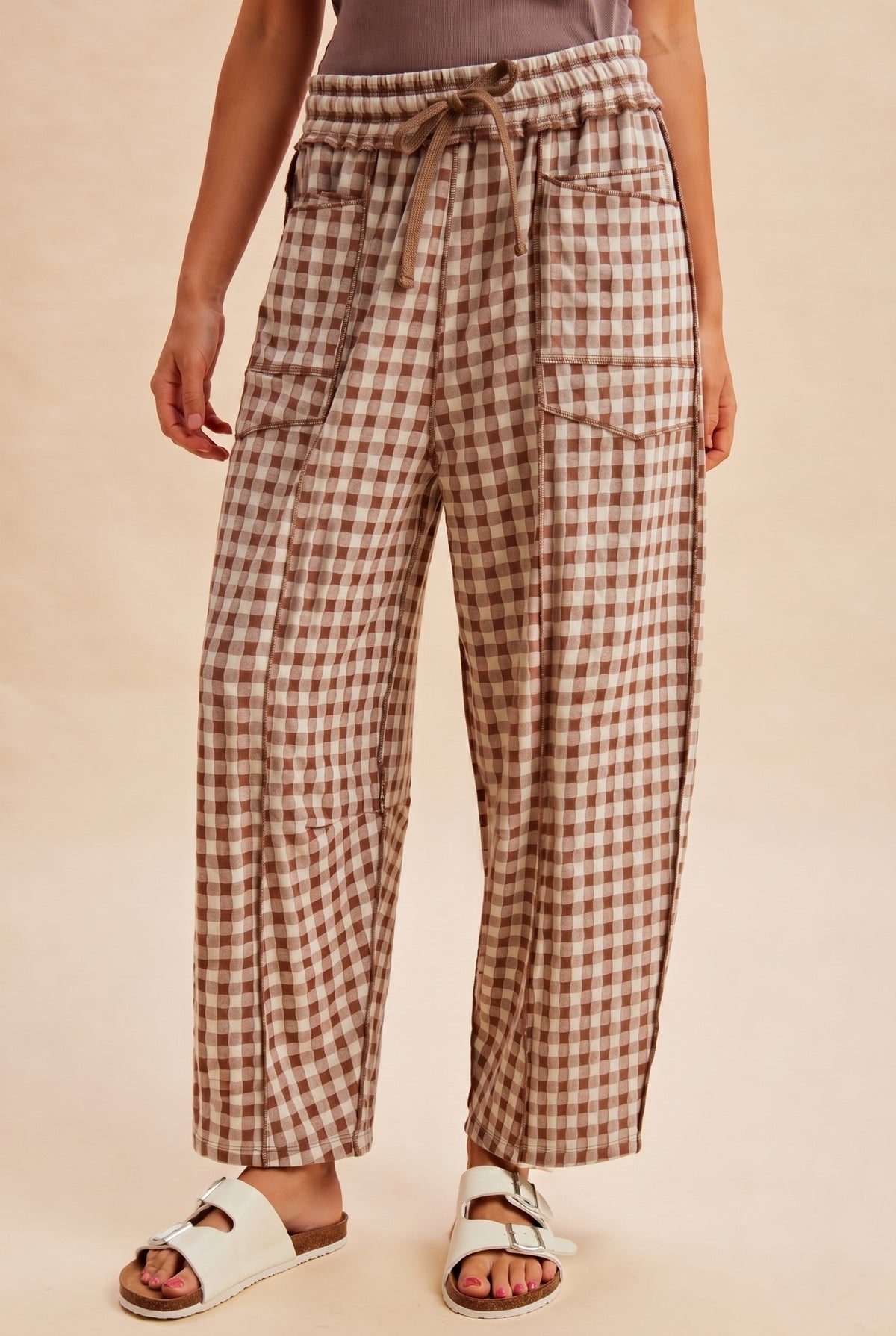 Mocha Soft Brushed Checkered Barrel Fit Pants