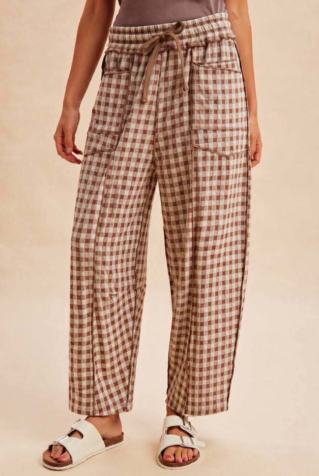 Mocha Soft Brushed Checkered Barrel Fit Pants