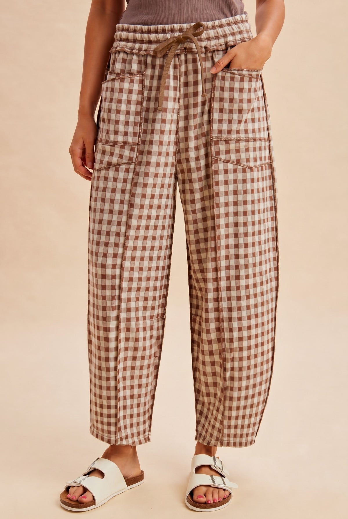 Mocha Soft Brushed Checkered Barrel Fit Pants