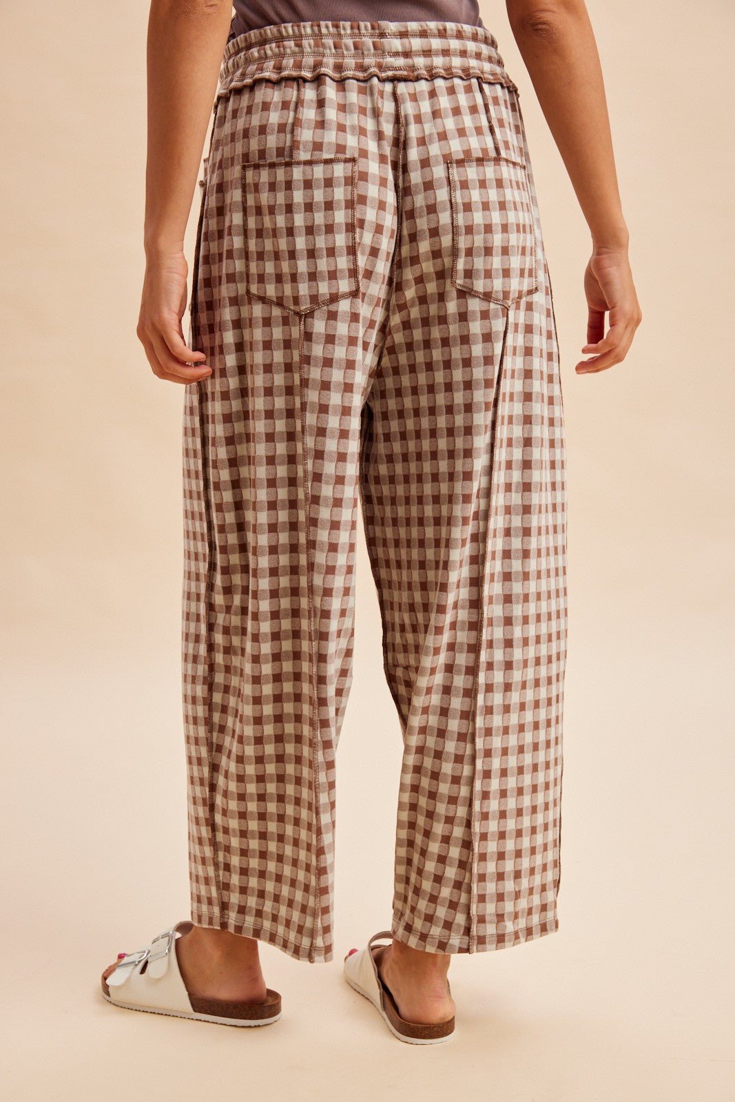 Mocha Soft Brushed Checkered Barrel Fit Pants