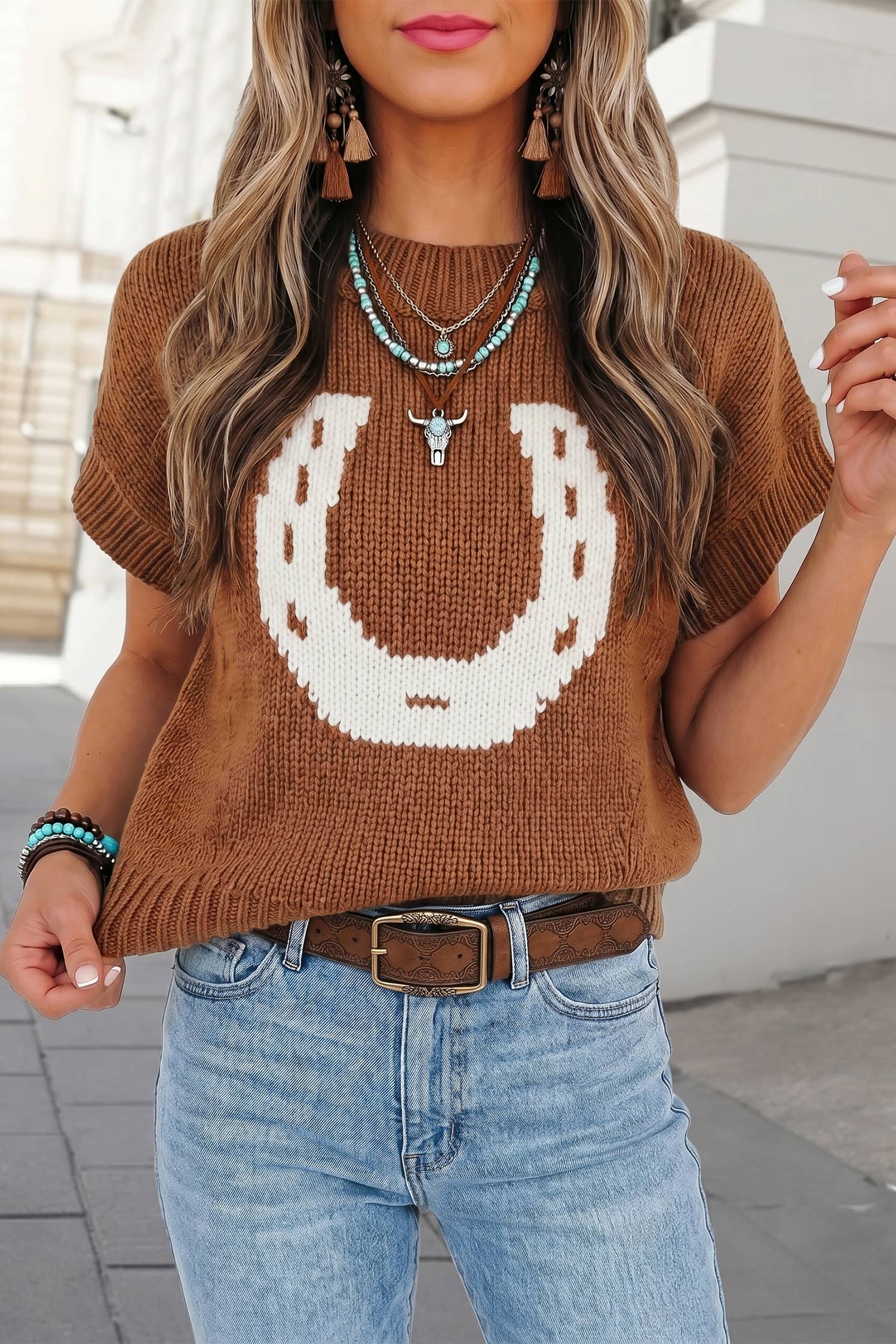 Brown horseshoe short sleeve sweater