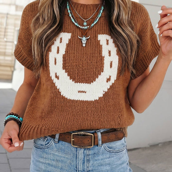 Brown horseshoe short sleeve sweater