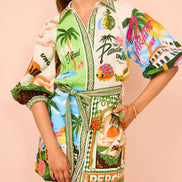 Colorful Vacation Print Mini Shirt Dress