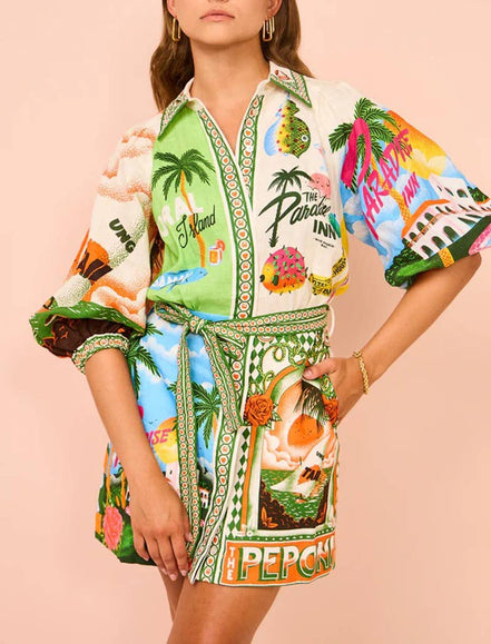 Colorful Vacation Print Mini Shirt Dress