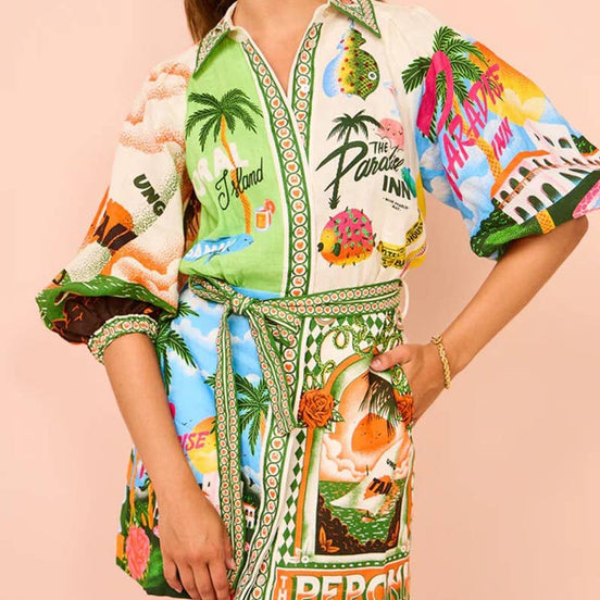 Colorful Vacation Print Mini Shirt Dress