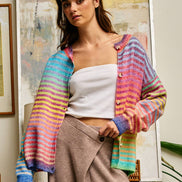 Rainbow Space-Dye Striped Button-Down Cardigan