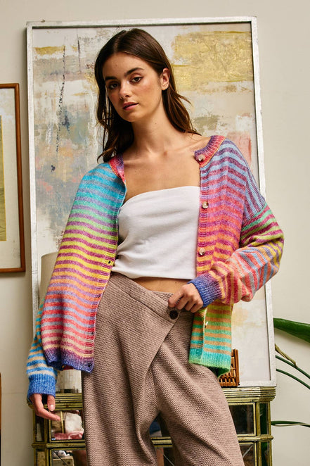 Rainbow Space-Dye Striped Button-Down Cardigan