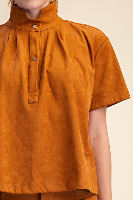Stand Collar Suede Short Sleeve Shirt