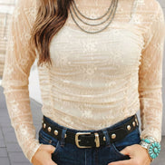 Floral Print Western Mesh Ruched Long Sleeve Top