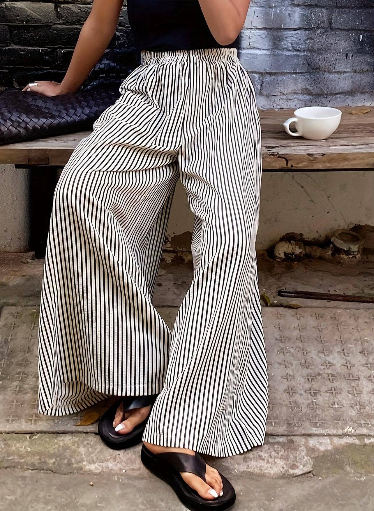 White/Black Striped Wide Leg Palazzo Pants