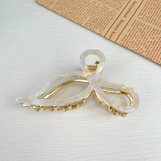 White bow hair clips gold metal claw clip