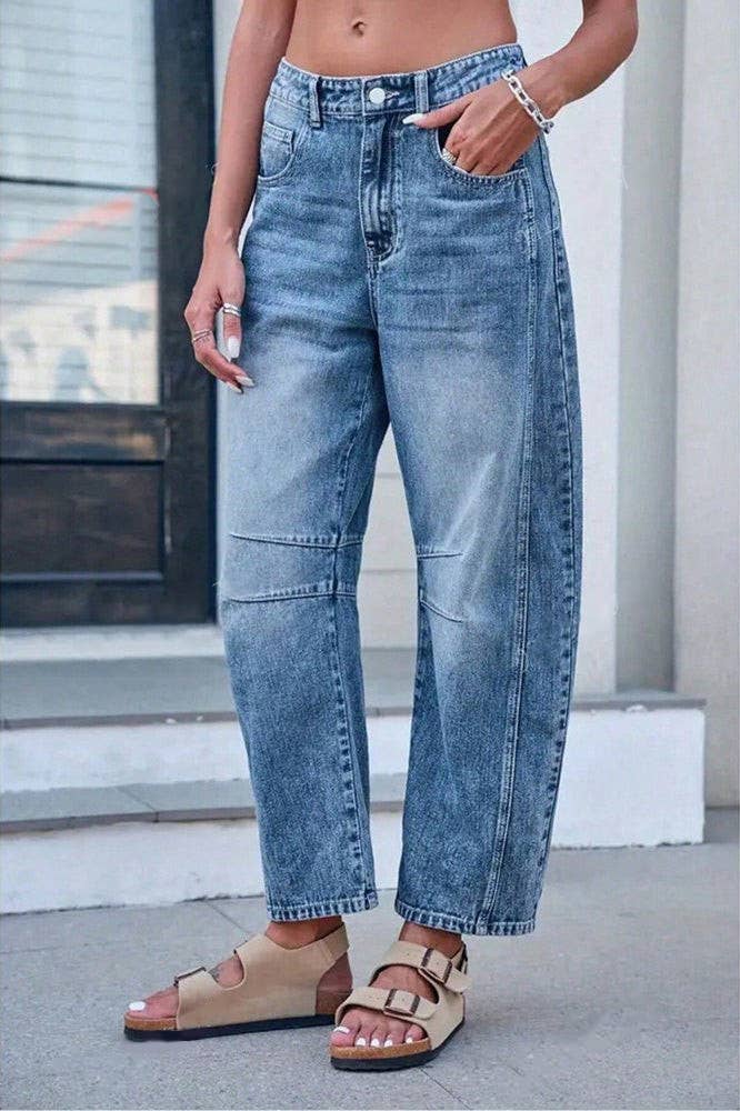 Washed Balloon Leg Denim Jeans High Waist Loose Fit