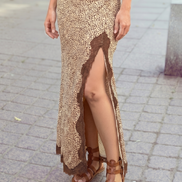 Western Cheetah Ruched High Waist Lace Splicing Slit Skirt
