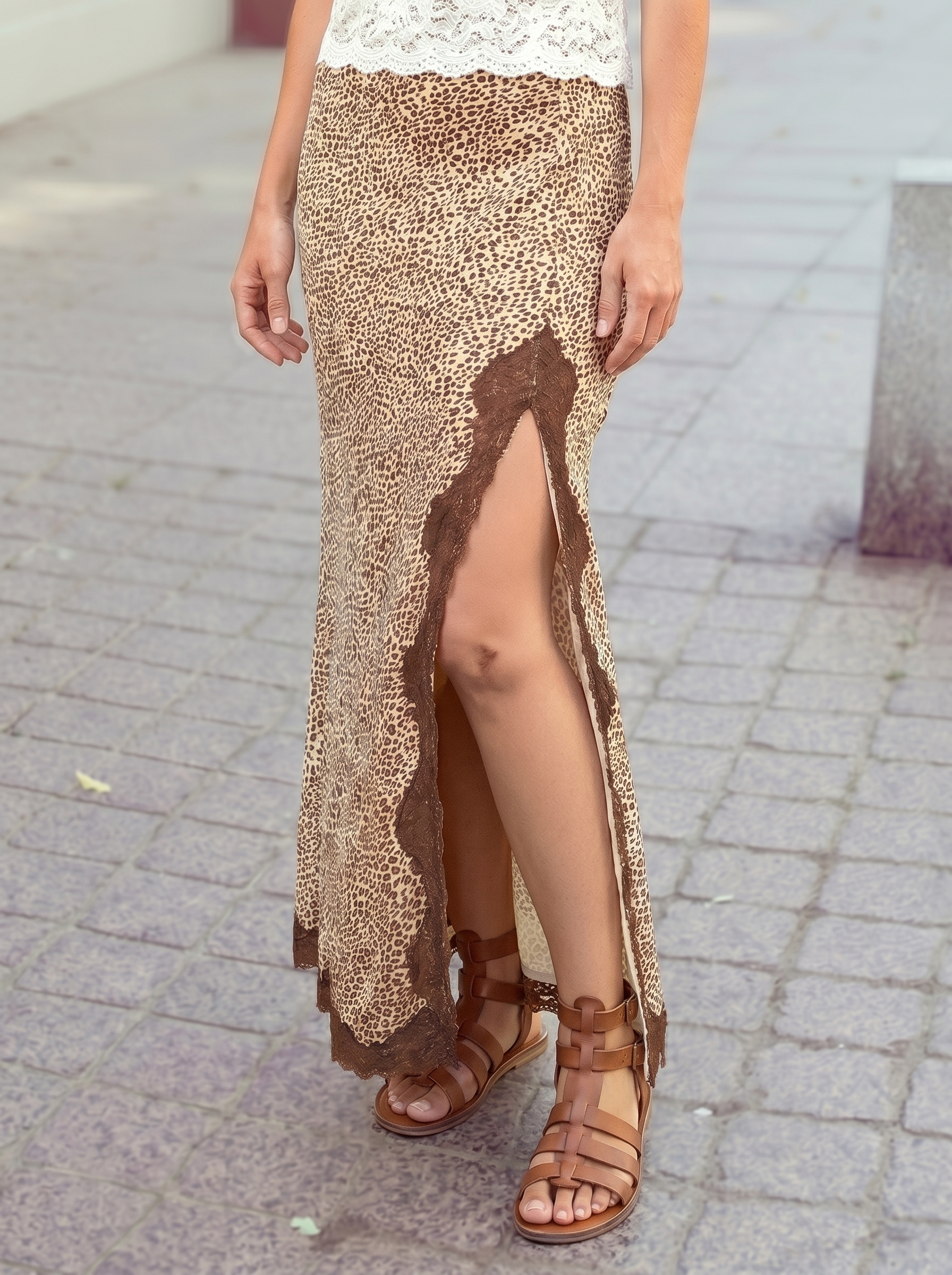 Western Cheetah Ruched High Waist Lace Splicing Slit Skirt
