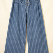 Stripe Button Pleated Drawstring Waist Wide Leg Jeans 4-4X
