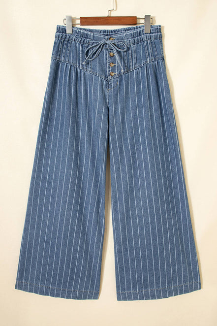 Stripe Button Pleated Drawstring Waist Wide Leg Jeans 4-4X
