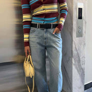 Striped Ribbed Knit Collared Cardigan