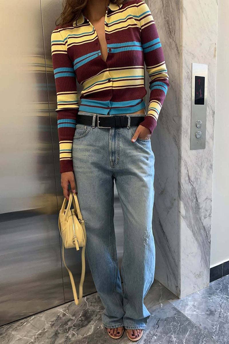 Striped Ribbed Knit Collared Cardigan