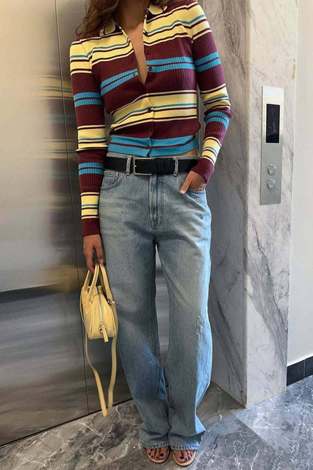 Striped Ribbed Knit Collared Cardigan