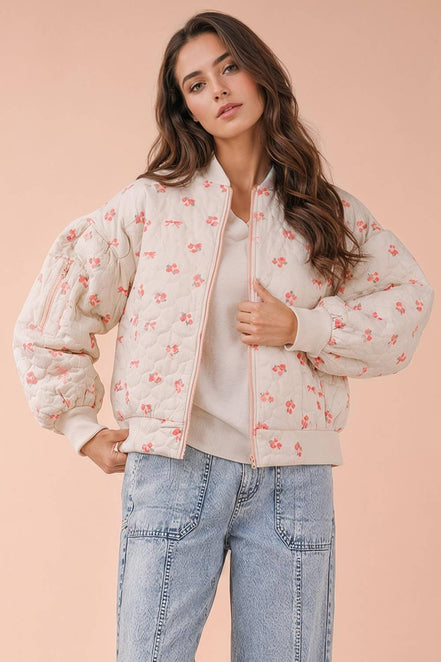 NJ90411-Floral Printed Quilted Oversized Casual Jacket