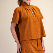 Stand Collar Suede Short Sleeve Shirt