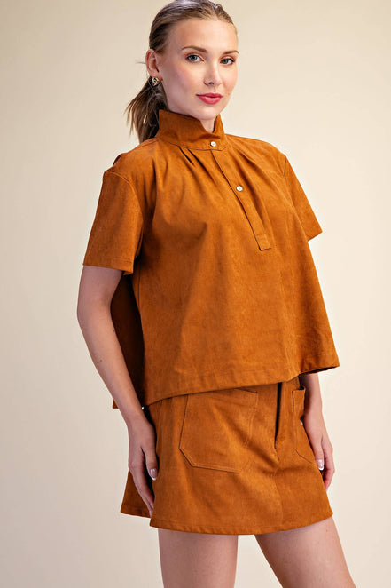 Stand Collar Suede Short Sleeve Shirt