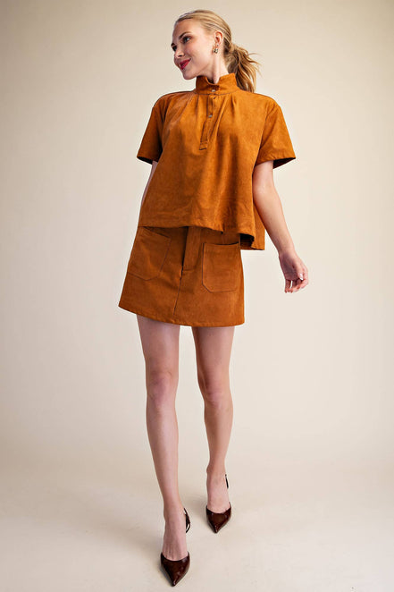 Stand Collar Suede Short Sleeve Shirt