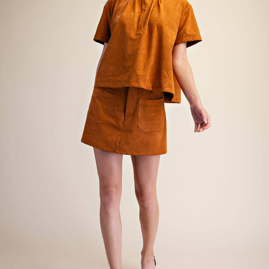 Stand Collar Suede Short Sleeve Shirt
