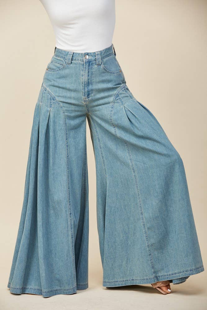 BOHO PLEATED WIDE-LEG DENIM PALAZZO PNTS