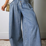 Stripe Button Pleated Drawstring Waist Wide Leg Jeans 4-4X