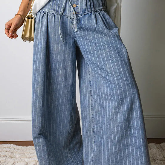 Stripe Button Pleated Drawstring Waist Wide Leg Jeans