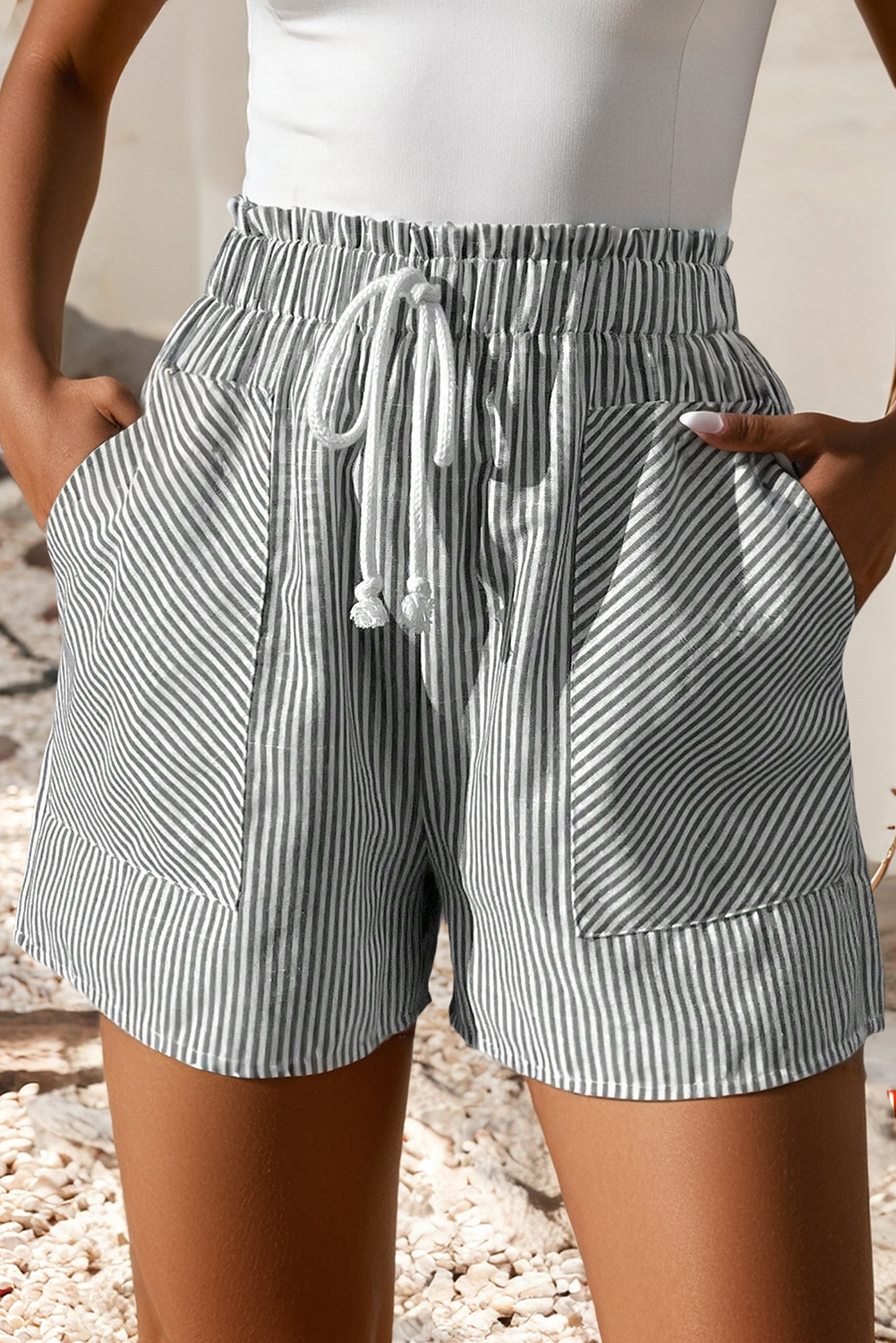 Striped Lace-up Elastic Waist Shorts