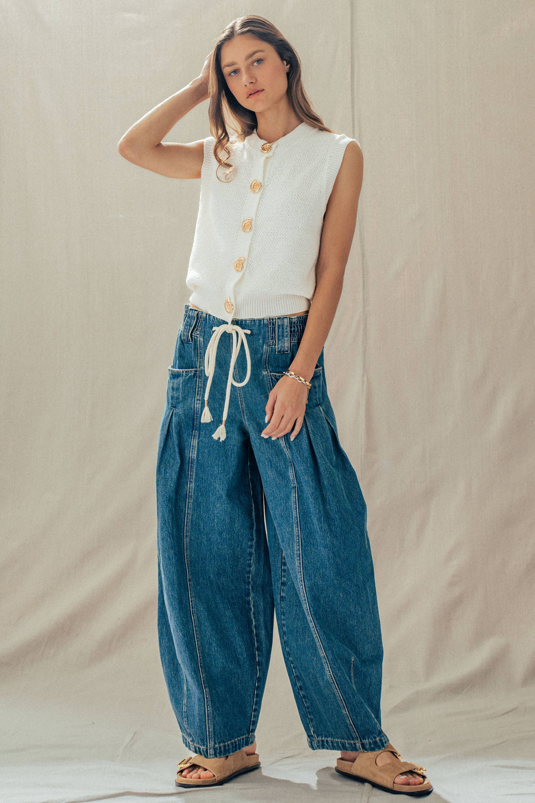 Denim Rope Drawstring Balloon Pants Pleated Front
