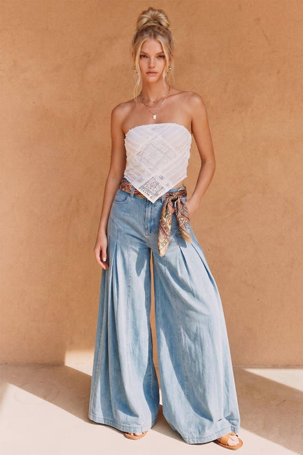 BOHO PLEATED WIDE-LEG DENIM PALAZZO PNTS