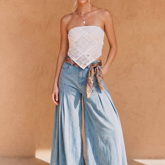 BOHO PLEATED WIDE-LEG DENIM PALAZZO PNTS