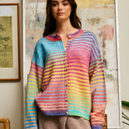 Rainbow Space-Dye Striped Button-Down Cardigan