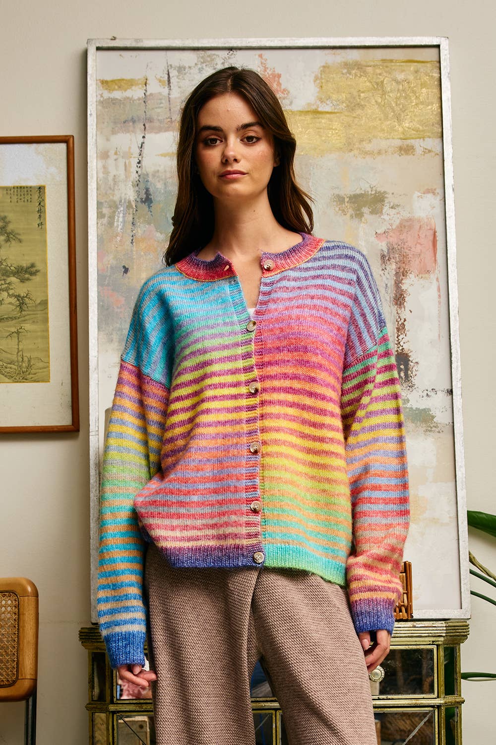 Rainbow Space-Dye Striped Button-Down Cardigan