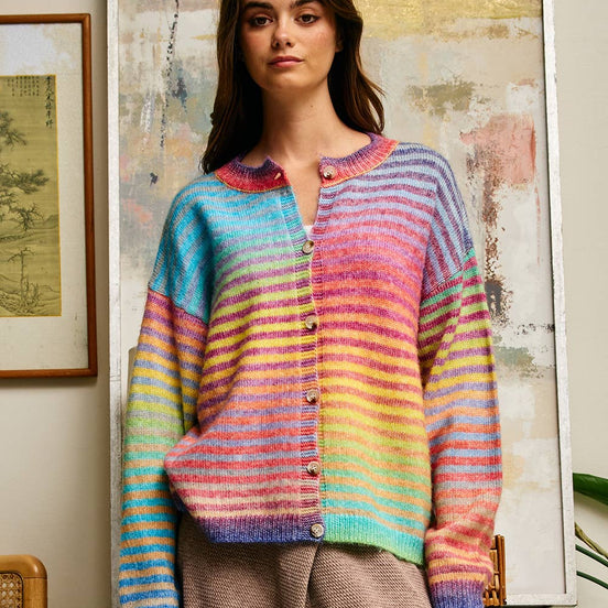 Rainbow Space-Dye Striped Button-Down Cardigan