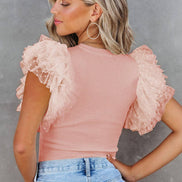 White Polka Dot Mesh Ruffle Sleeve Ribbed Knit Top