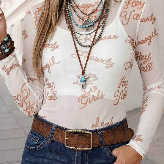 Western Howdy Hey Yall Mesh High Neck Long Sleeve Top | S-XL