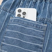 Stripe Button Pleated Drawstring Waist Wide Leg Jeans 4-4X