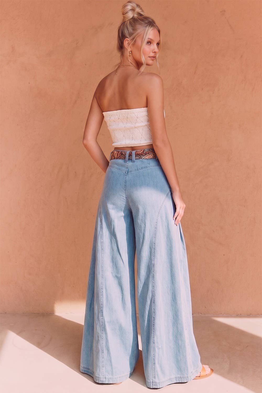 BOHO PLEATED WIDE-LEG DENIM PALAZZO PNTS