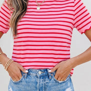 Stripe Scalloped Trim Round Neck T Shirt