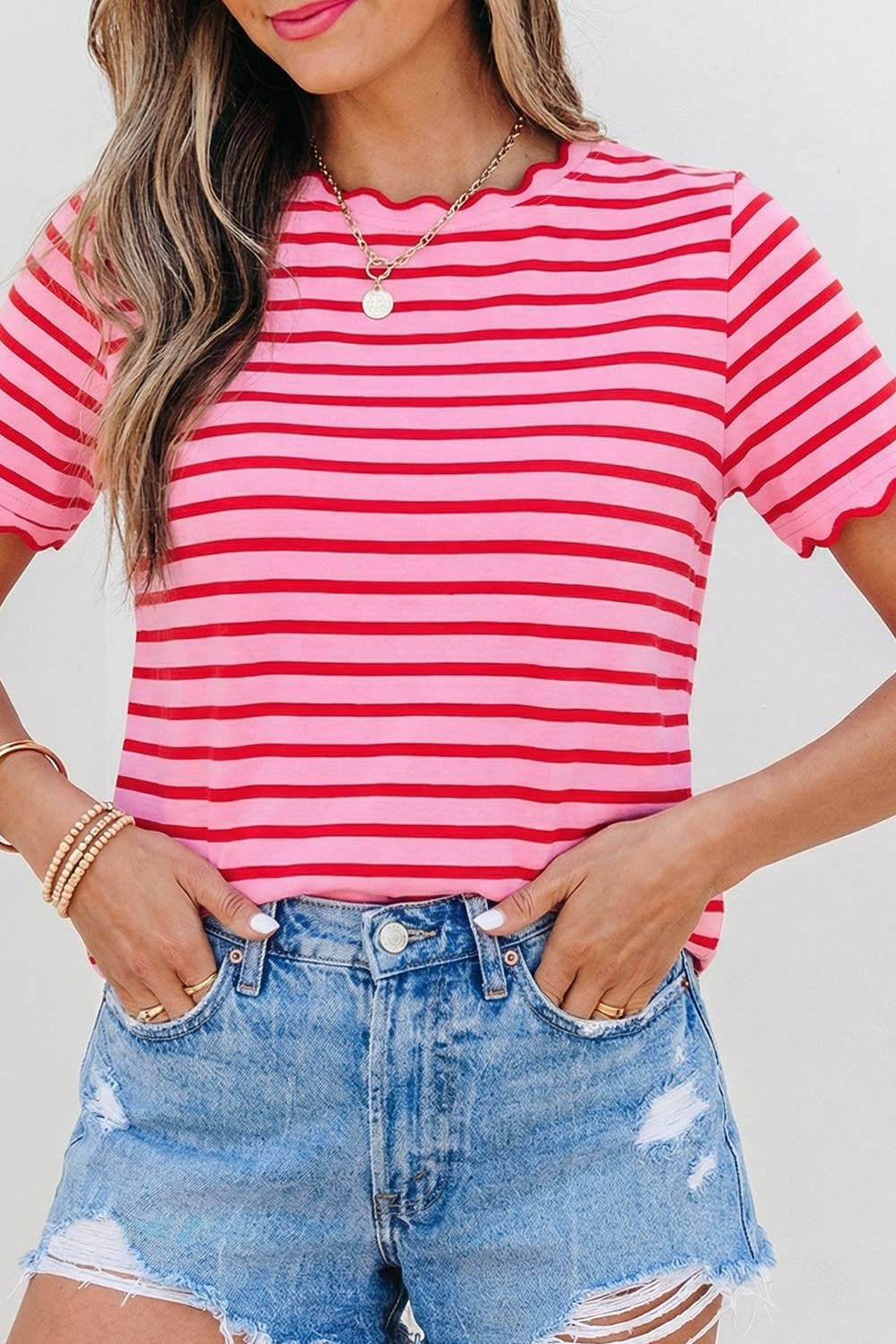 Stripe Scalloped Trim Round Neck T Shirt