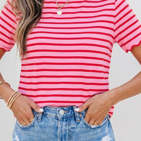 Stripe Scalloped Trim Round Neck T Shirt