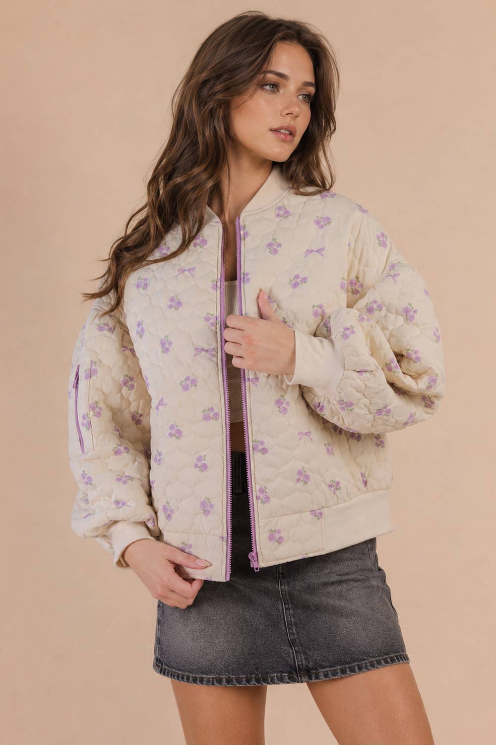 NJ90411-Floral Printed Quilted Oversized Casual Jacket