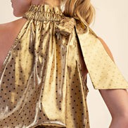 Polka Dot Tie Halter Neck Metallic Top